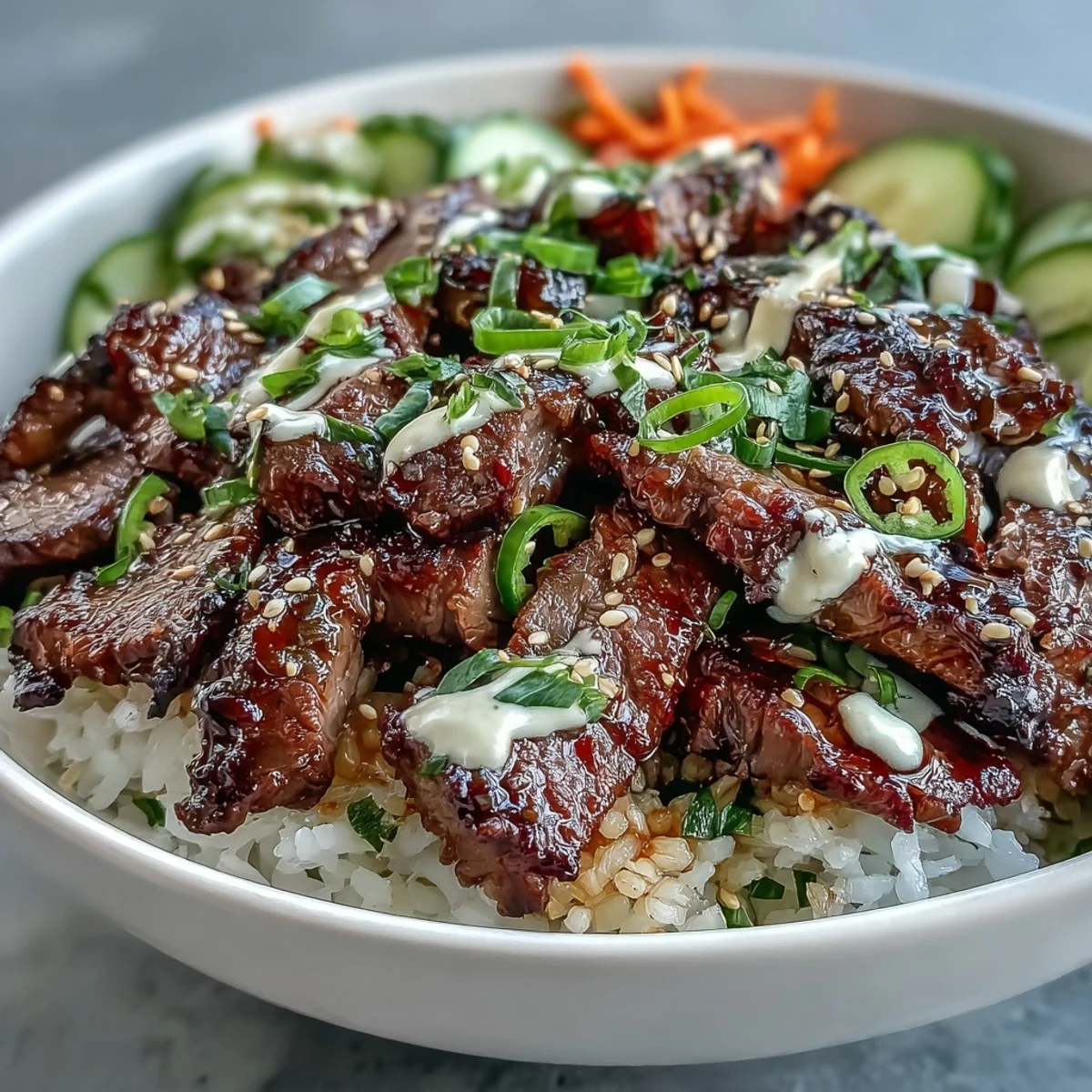 Vibrant Korean Beef Power Bowl with juicy beef and fresh, crunchy toppings.
