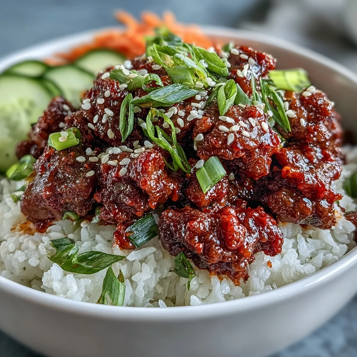 Savory Easy Korean Beef Bowl bursting with gochujang, served over rice with fresh garnishes.
