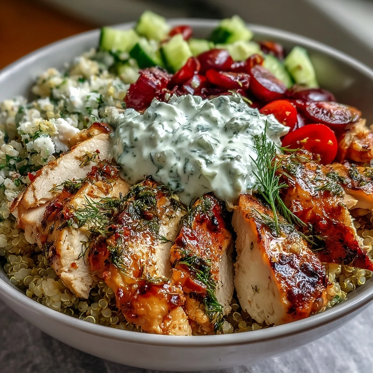 Hearty Greek Chicken Power Bowl, deliciously grilled, piled high with quinoa and cucumber.