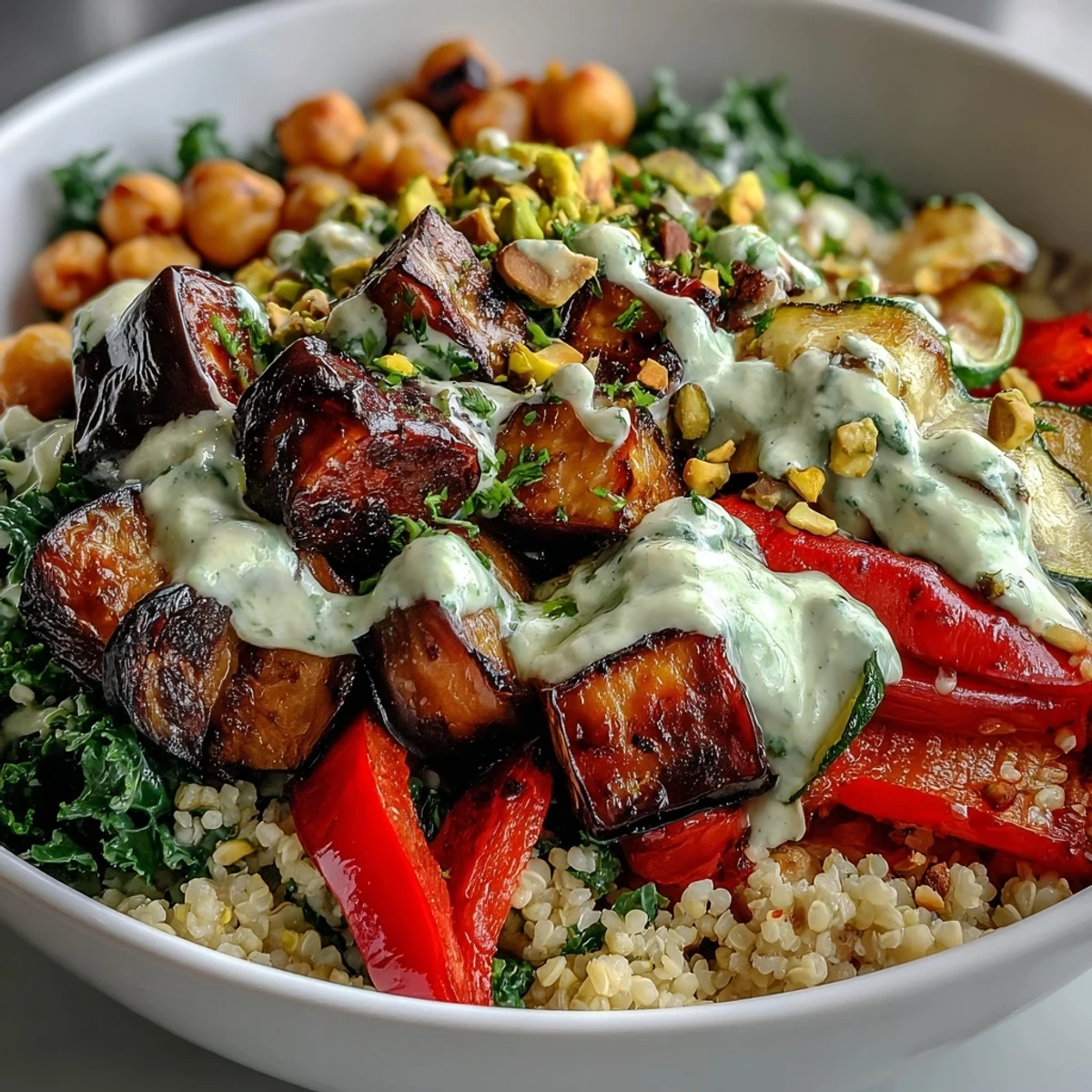 Colorful Mediterranean Buddha Bowl features roasted eggplant, kale, and nutty bulgur pilaf.