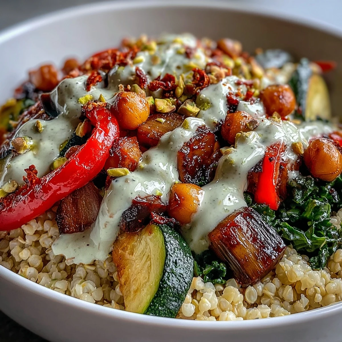 Hearty Mediterranean Buddha Bowl meal prep with tender vegetables and savory tahini sauce.