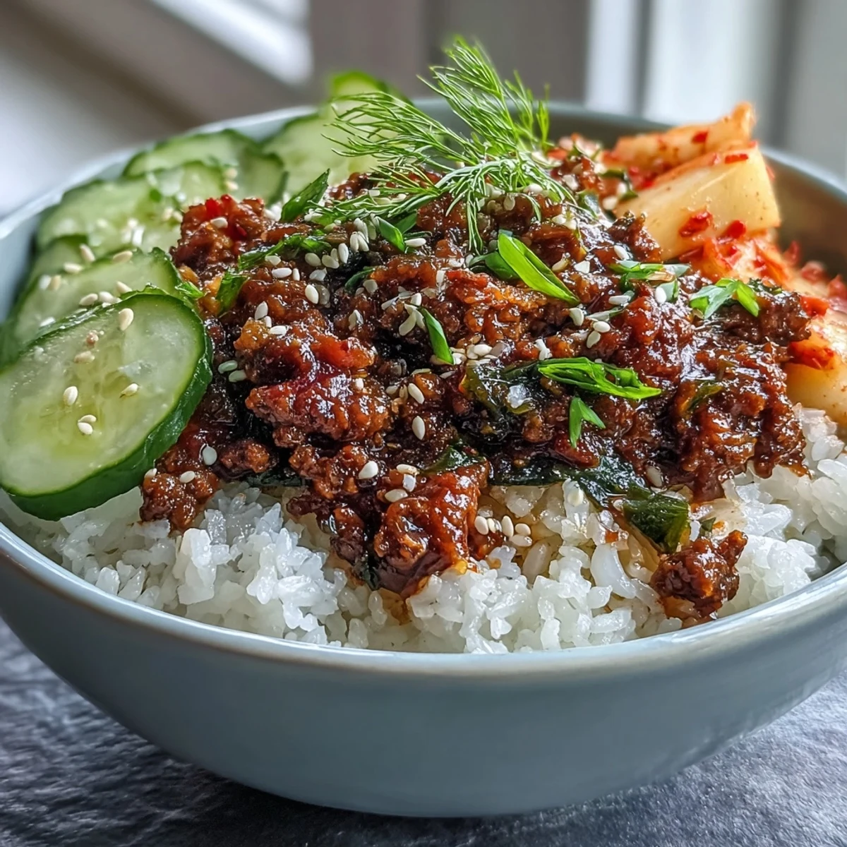 Savory Korean Beef Bowl, a quick weeknight meal with tender seasoned beef.