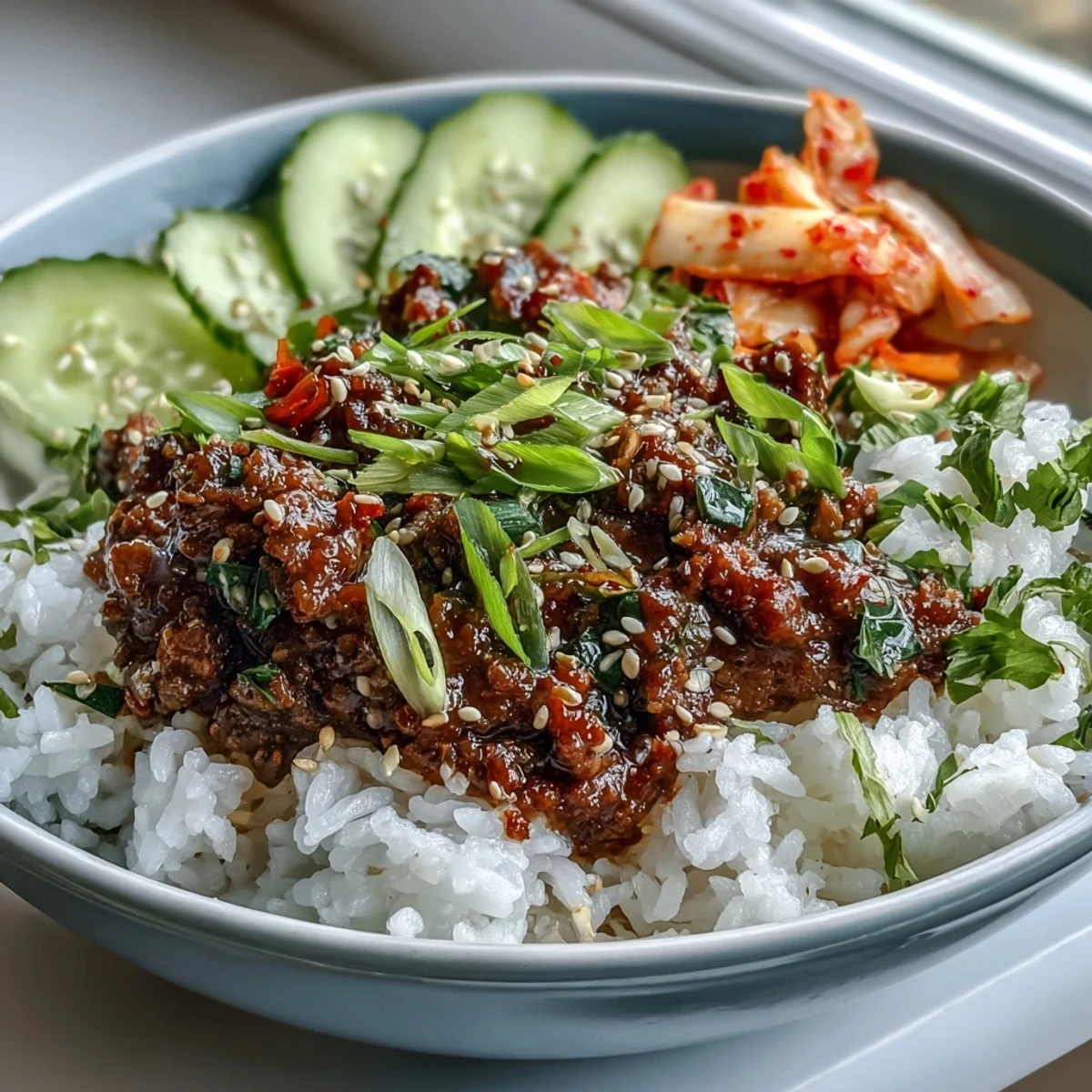 Vibrant Korean Beef Bowl piled high with spicy gochujang beef and fresh toppings.