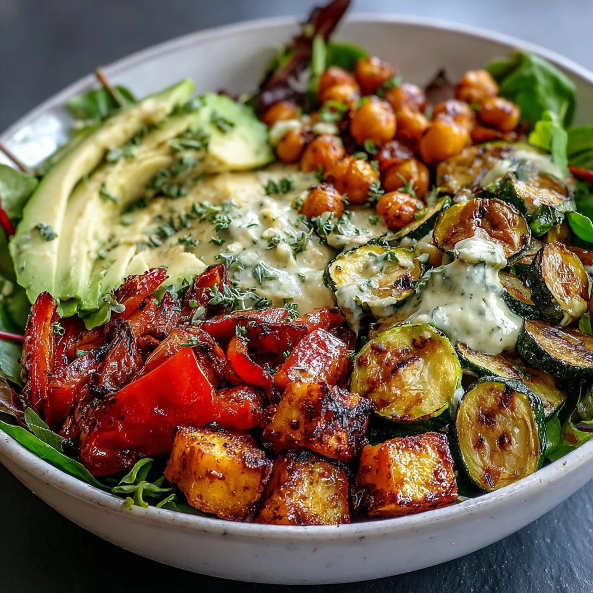 Colorful Vegan Mediterranean Buddha Bowl overflowing with vibrant roasted veggies and creamy avocado.