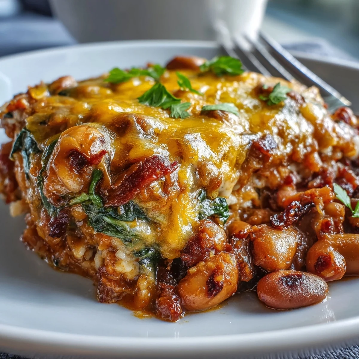 Crumbled bacon and diced onions peek through the baked Tex Mex Black Eyed Pea Casserole.