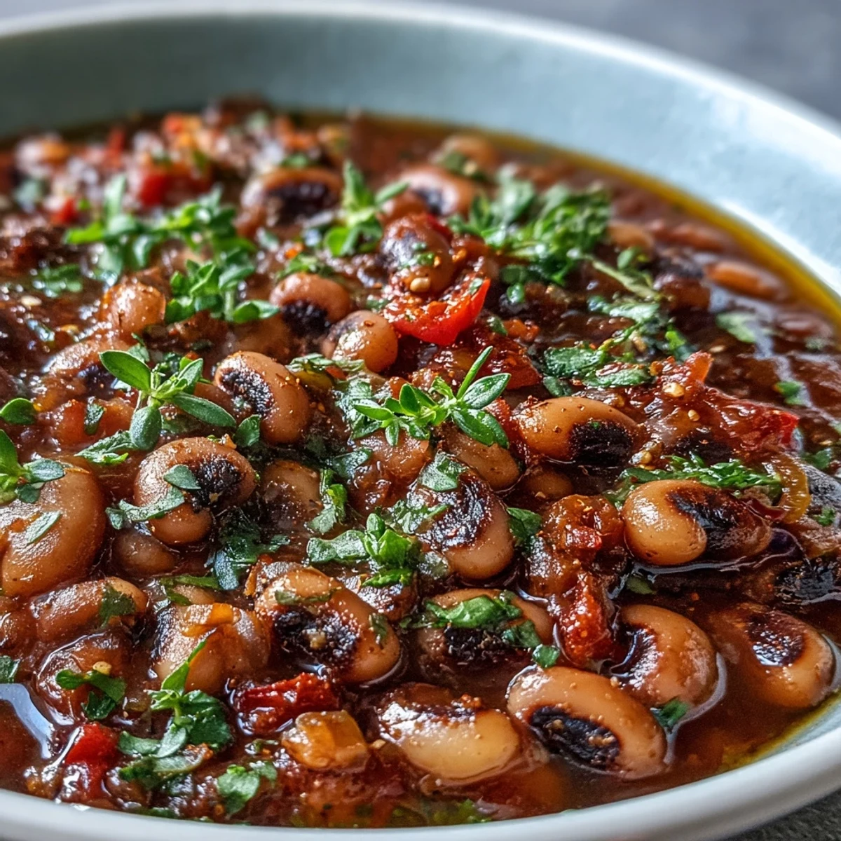 Slow cooker Greek-style black-eyed peas simmering with tomatoes, herbs, and olive oil in a crockpot for an easy Mediterranean meal.