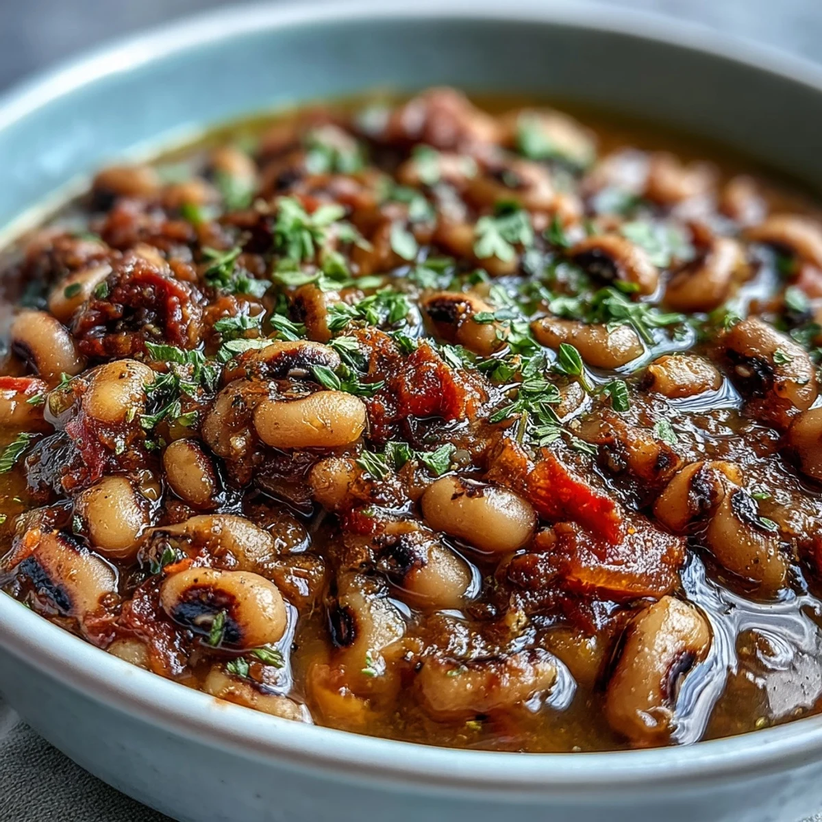 Steaming bowl of tender black-eyed peas cooked with carrots and bell peppers, garnished with fresh parsley and lemon wedges for a vegan dinner.