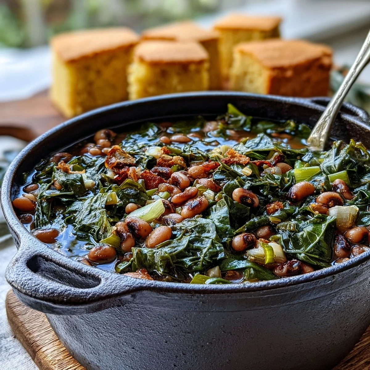 Black-Eyed Peas With Collard Greens simmered in a savory broth, served hot with a wedge of golden cornbread on the side.