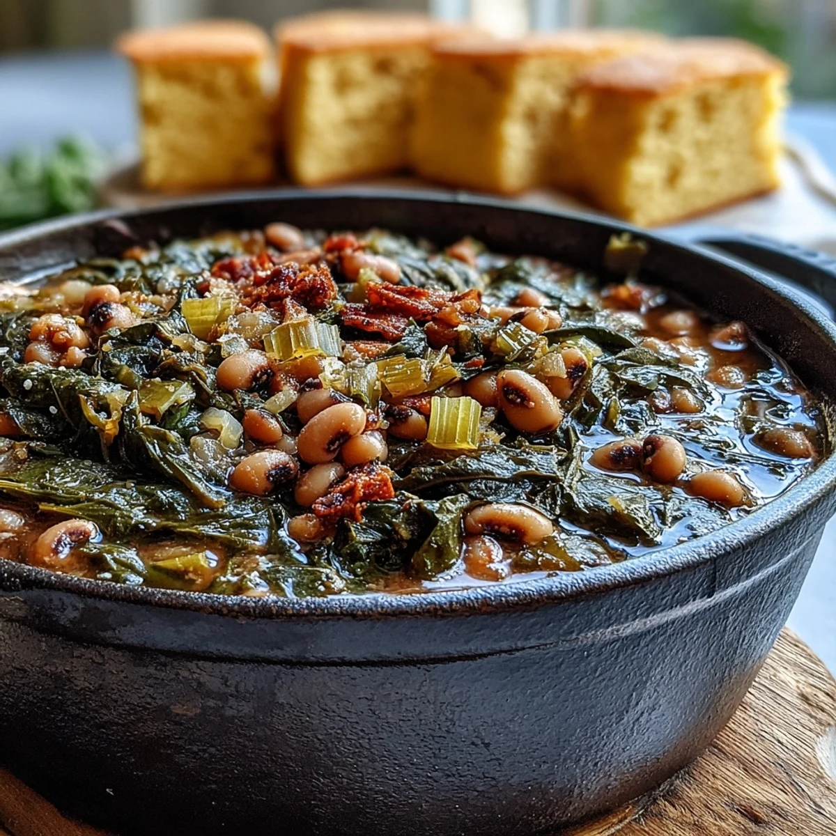 Close-up of Black-Eyed Peas With Collard Greens in a rustic bowl, ready to be enjoyed with buttery cornbread.