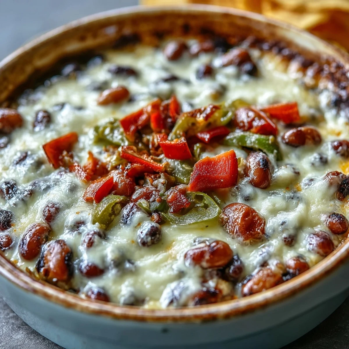 Serving spoon lifting a cheesy scoop of Hot Black-Eyed Pea Dip topped with pickled jalapeños for a party.