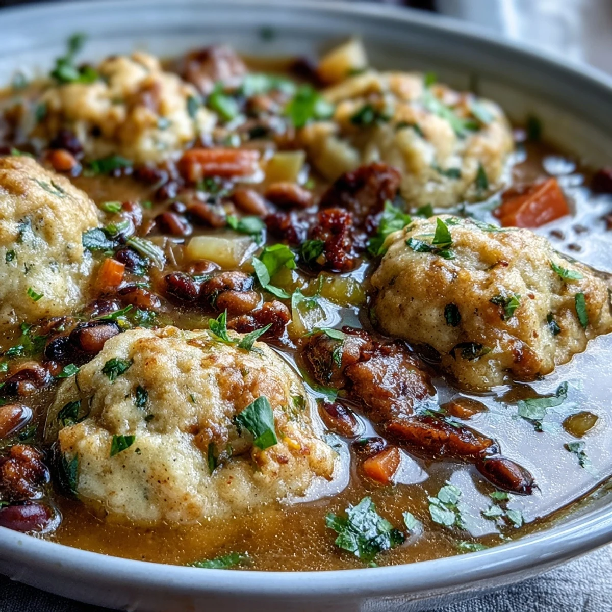 A hearty bowl of Black-Eyed Peas and Sausage Dumplings, featuring fluffy cornmeal dumplings steaming over savory peas and sliced sausage.
