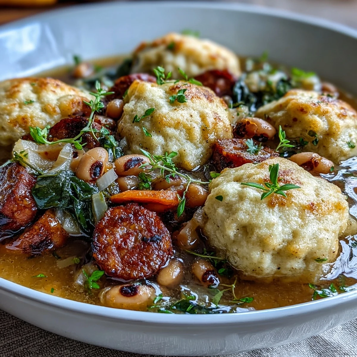 Spoon lifting a fluffy dumpling from a pot of Black-Eyed Peas and Sausage Dumplings, showcasing the thick, comforting Southern-style stew underneath.