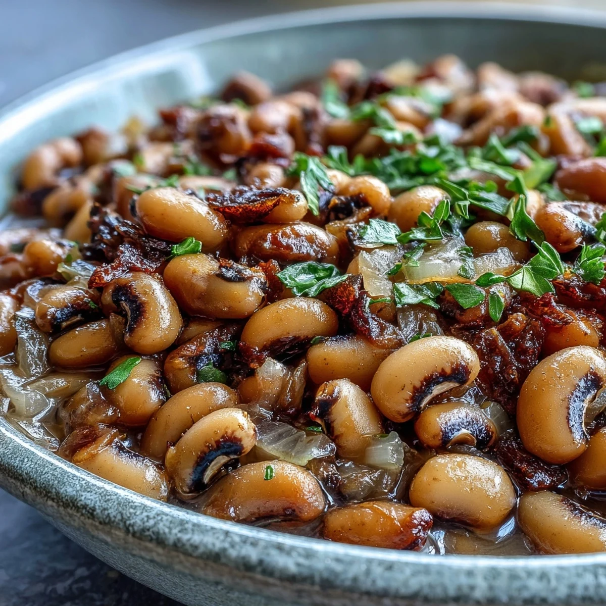 A close-up of Southern-style Frozen Black-Eyed Peas simmering with smoked paprika and onions in a rustic bowl.