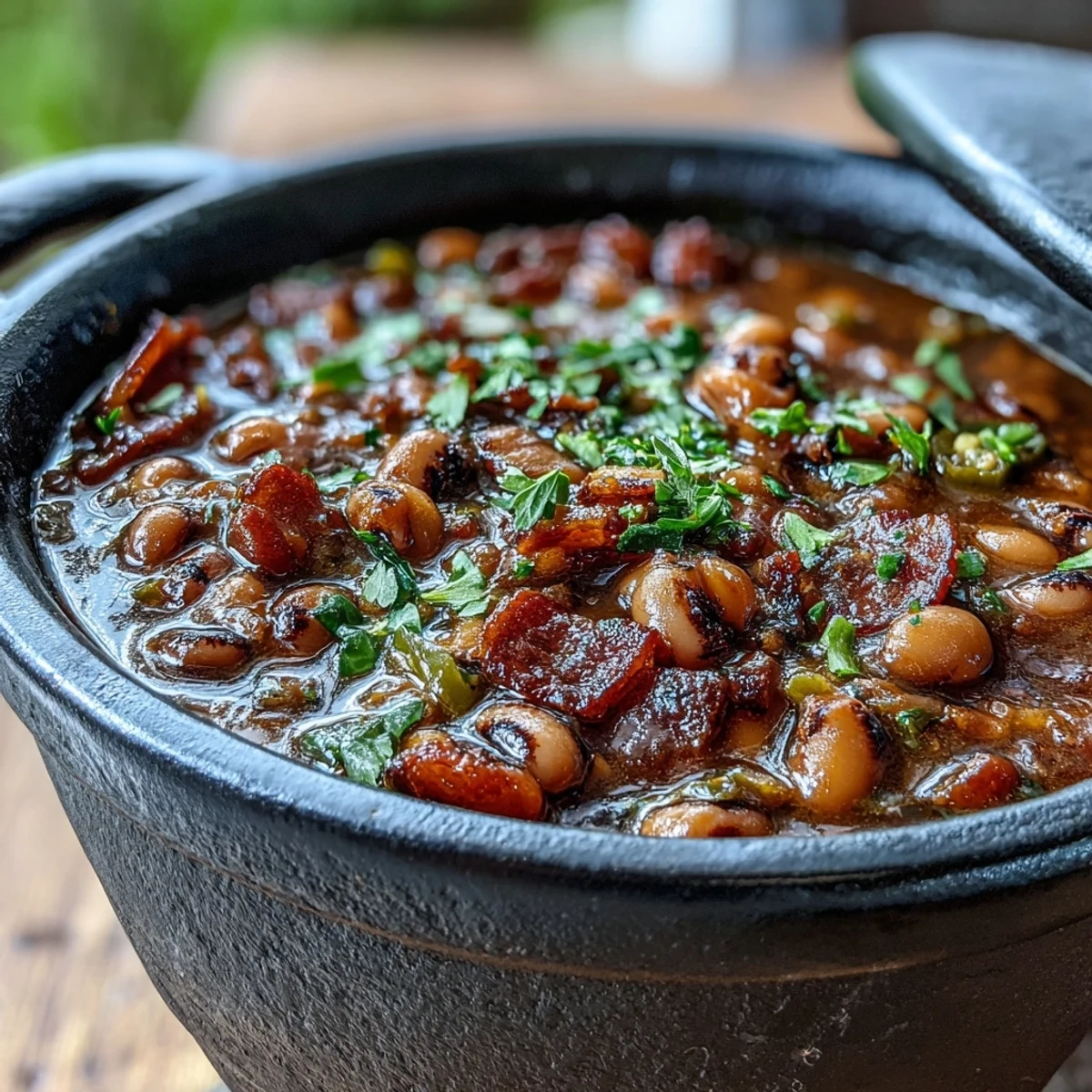 Big Pot of Texas Black-Eyed Peas served in a rustic bowl, garnished with fresh cilantro and green onions.