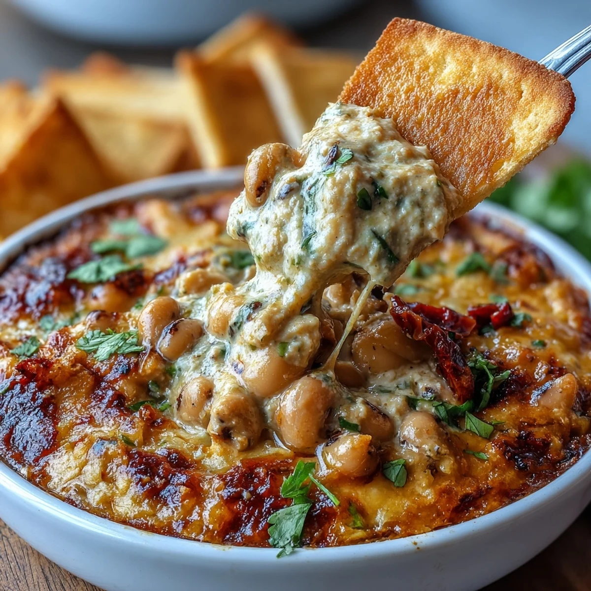 Spicy Hot Black-Eyed Pea Dip topped with shredded cheese, diced red peppers, and cumin, paired with crunchy vegetable sticks.