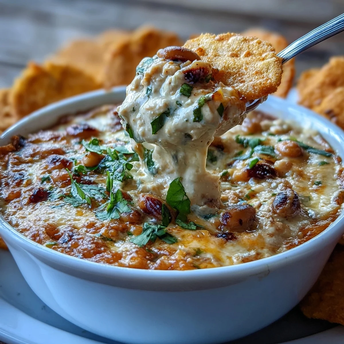 A bowl of creamy Hot Black-Eyed Pea Dip garnished with fresh cilantro and spicy jalapeño slices, ready to serve.