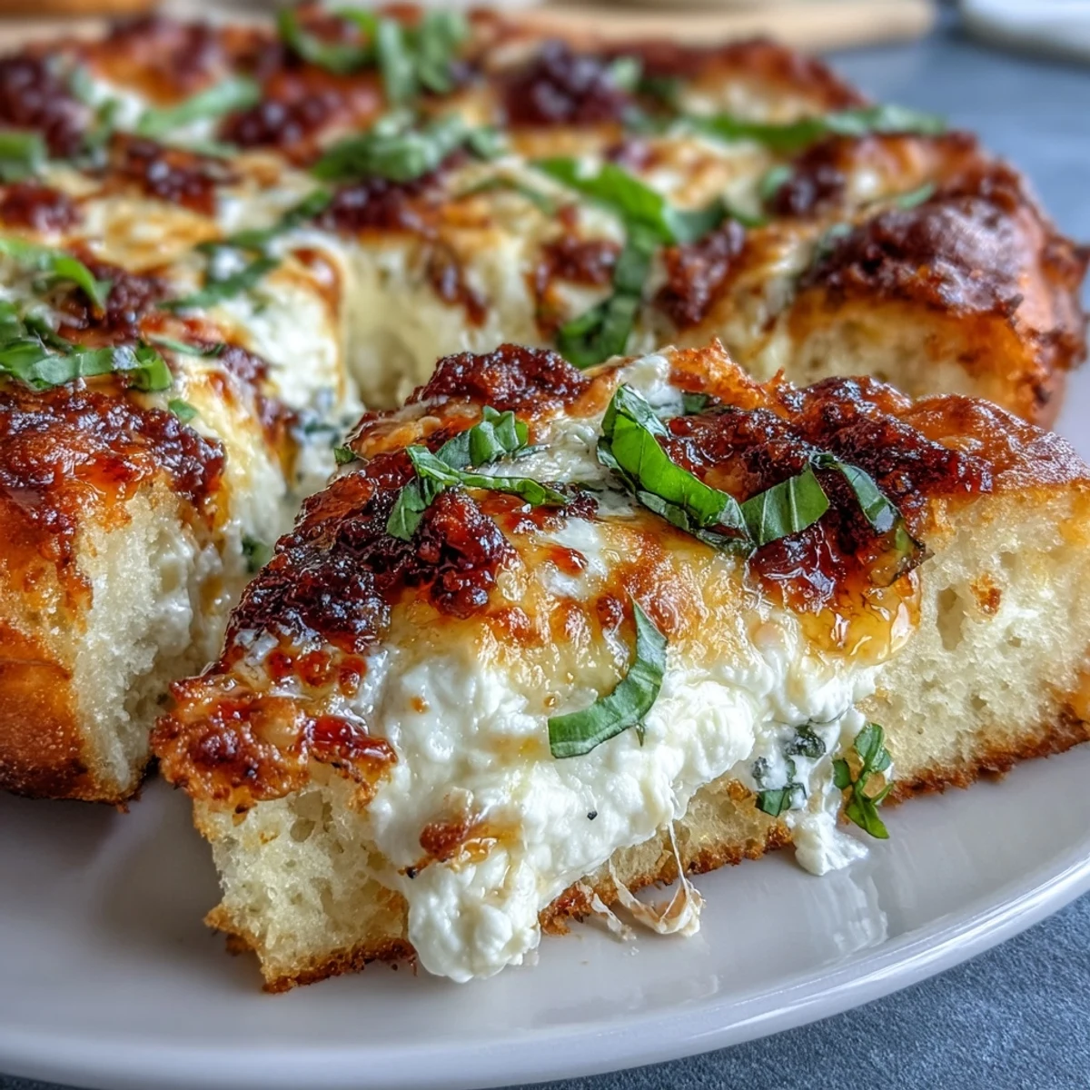 Golden-brown Hot Honey Ricotta Pizza with bubbly mozzarella and fresh basil on a rustic wooden board.