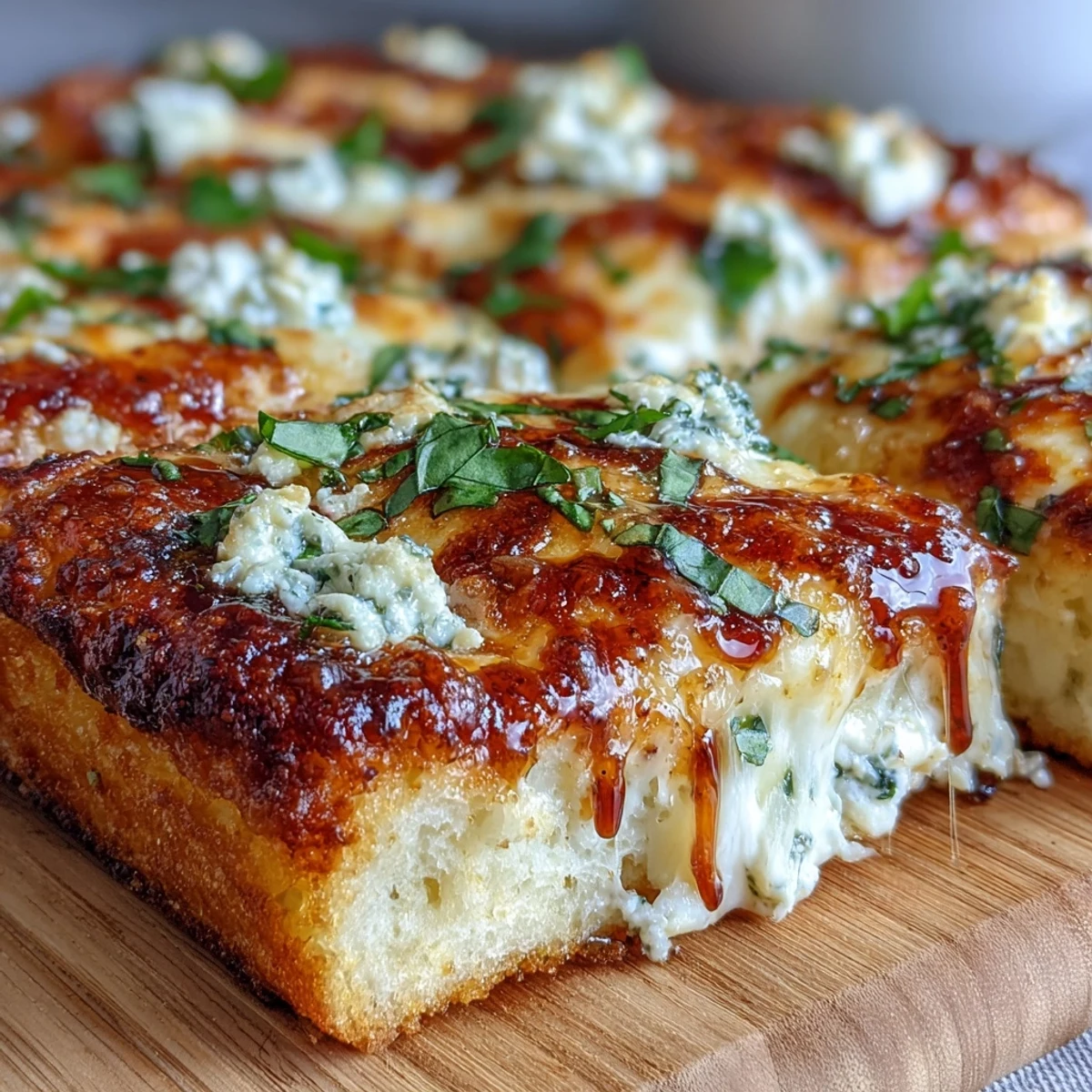 Hot Honey Ricotta Pizza served hot, slice being lifted with melted cheese stretching dramatically.