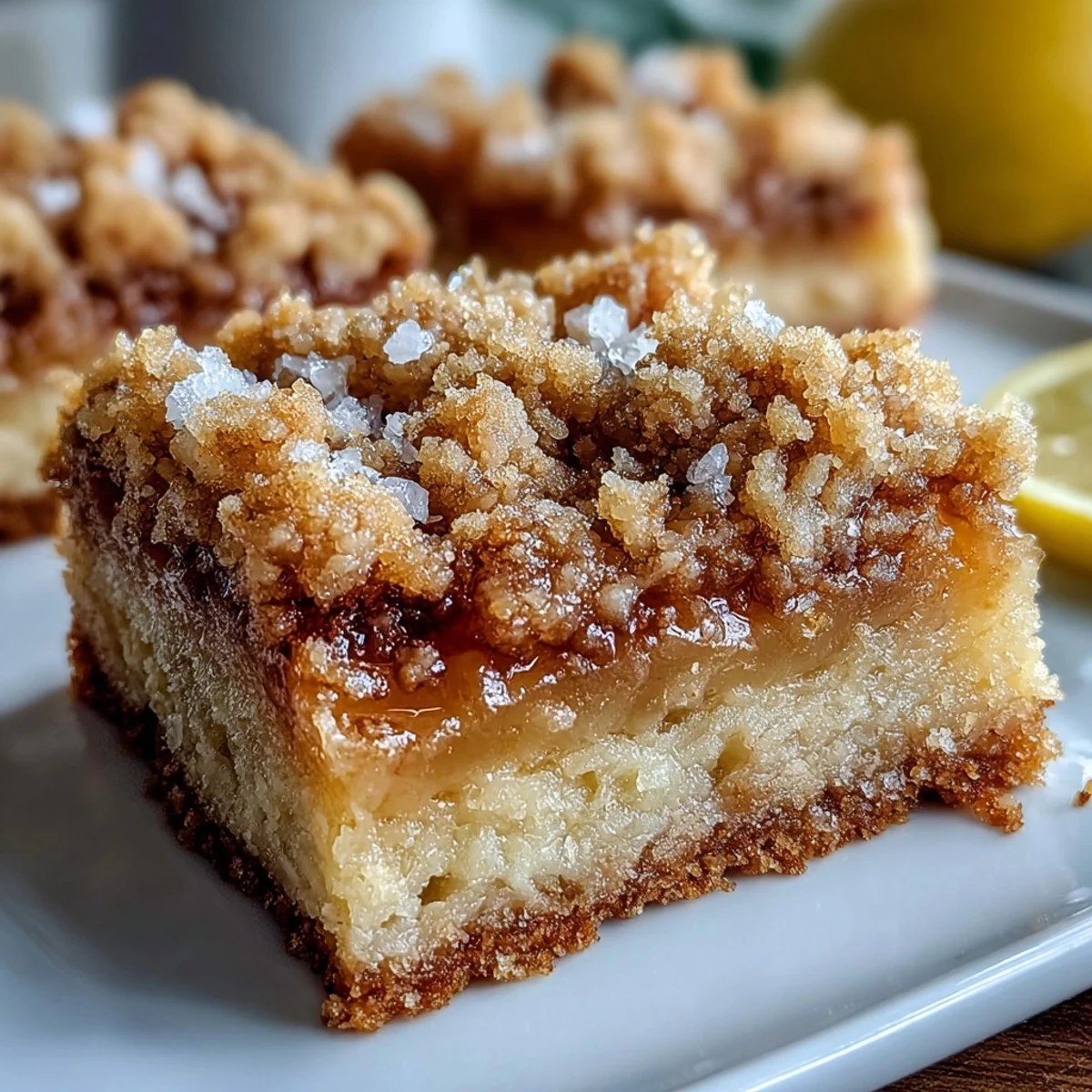 A platter of freshly sliced Homemade Lemon Crumb Bars, revealing a bright citrus layer and buttery crumb topping, ready to be served.