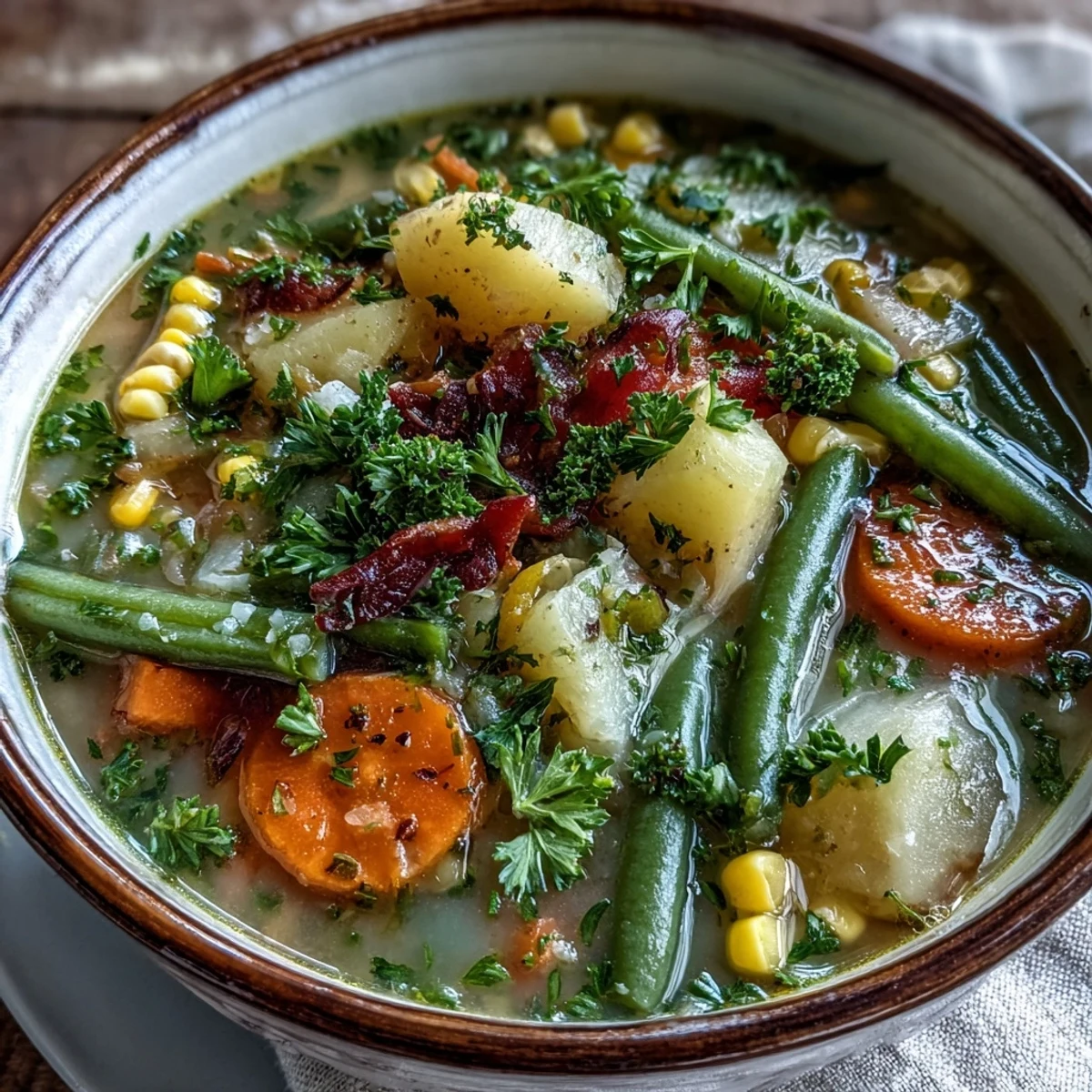 A warm bowl of Amish Snow Day Soup, its creamy broth dotted with tender vegetables and fresh parsley garnish.