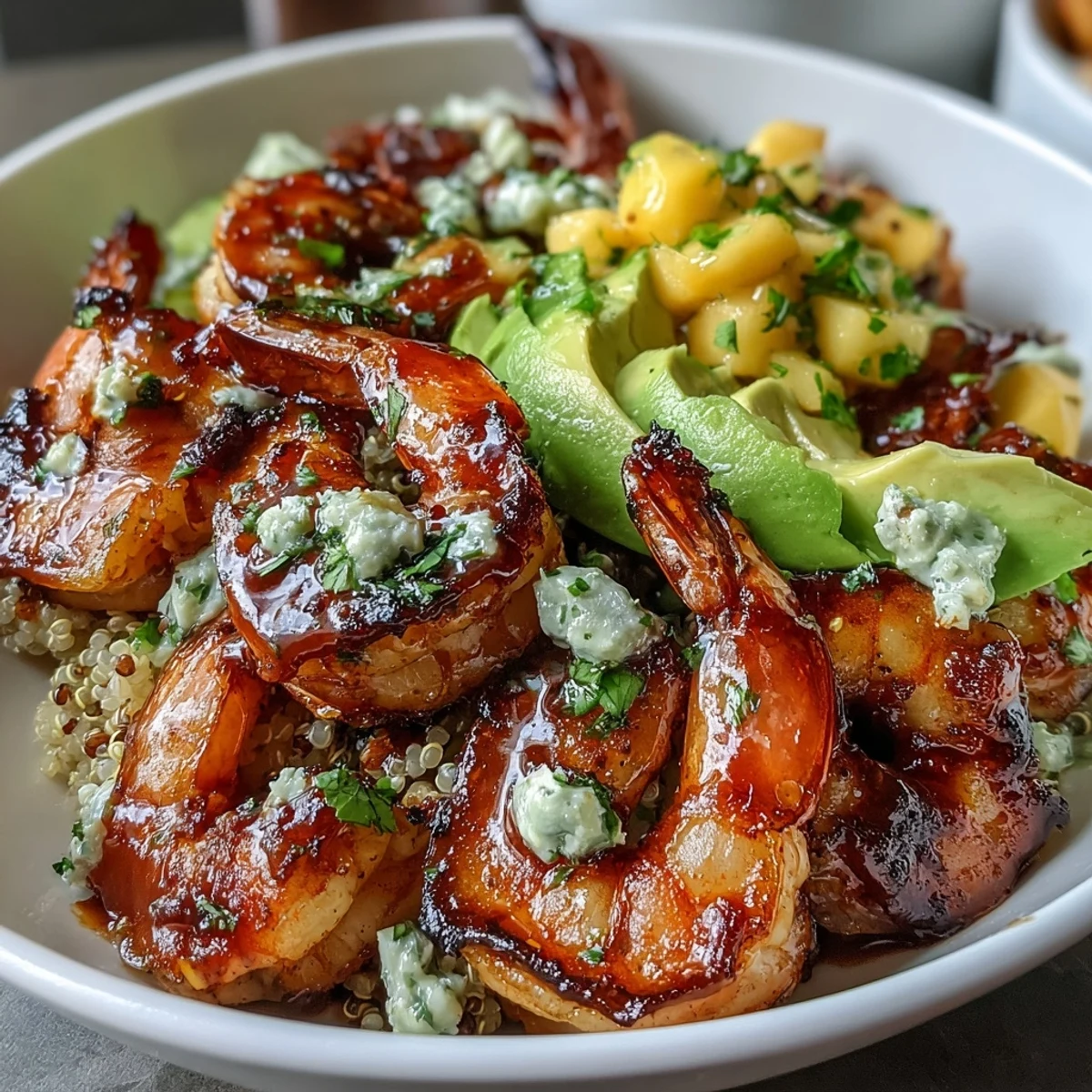 Fresh Shrimp and Creamy Avocado Bowls topped with vibrant mango salsa and drizzled with lime chili sauce.
