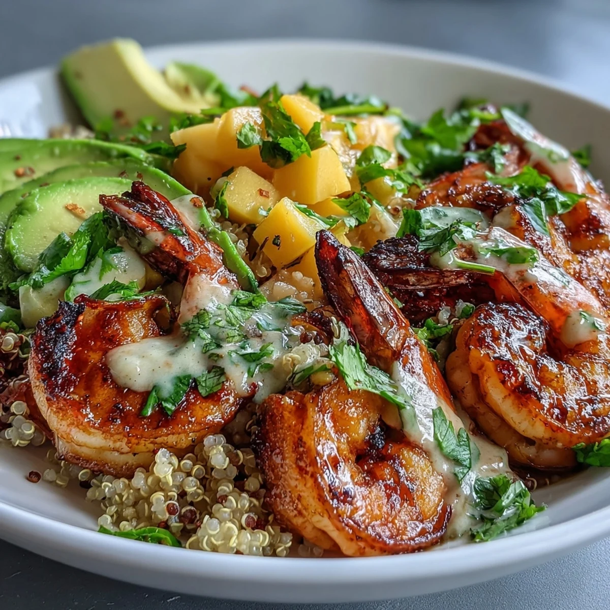 A close-up of Fresh Shrimp and Creamy Avocado Bowls featuring juicy grilled shrimp, creamy avocado slices, and colorful mango salsa.