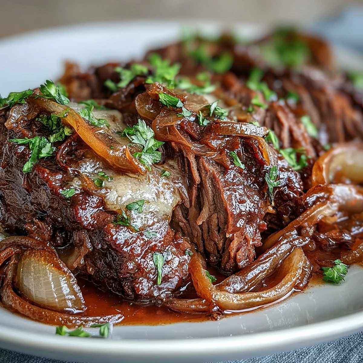 Savory Crock Pot French Onion Pot Roast in a slow cooker, topped with gooey Gruyère and fresh parsley, ready to serve.  