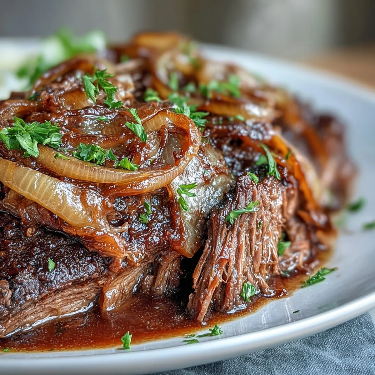 Savory Crock Pot French Onion Pot Roast on a platter with melted cheese, onions, and juicy slices beside crusty bread.