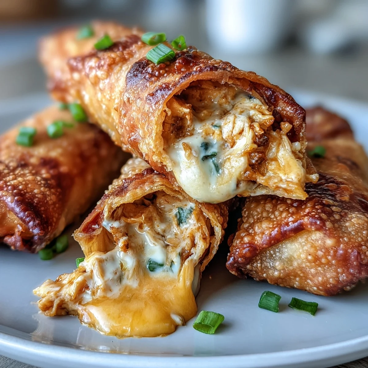 Golden-brown Buffalo Chicken Dip Egg Rolls arranged on a white platter with ranch dipping sauce.