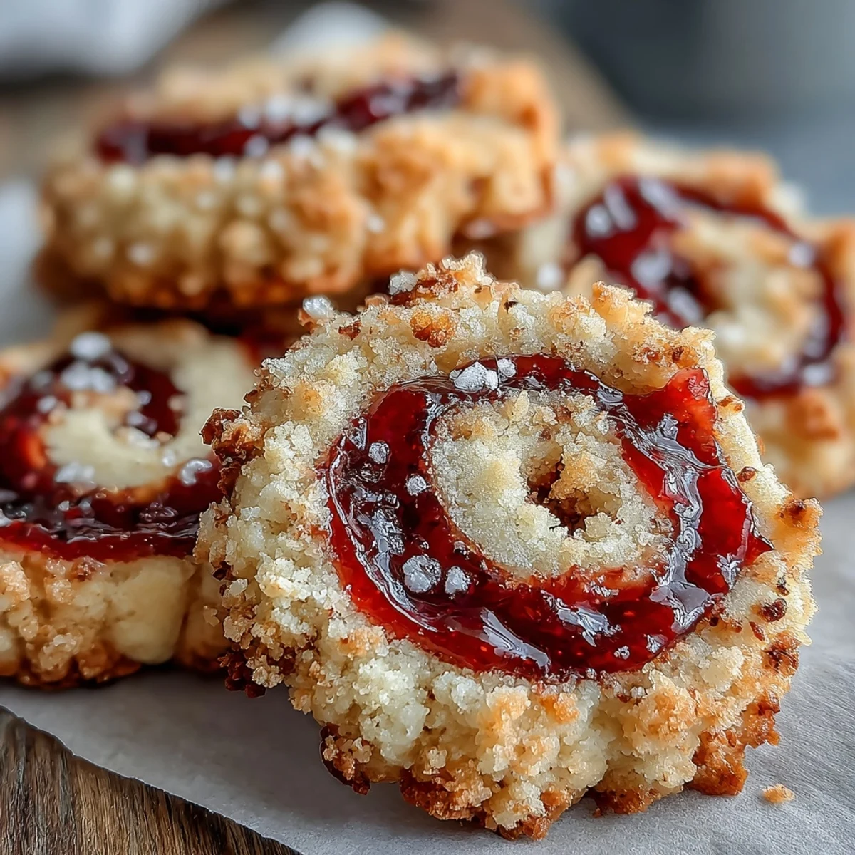 Freshly baked Raspberry Swirl Shortbread Cookies arranged on a rustic wooden board, showing the crisp edges and soft, jammy centers.  