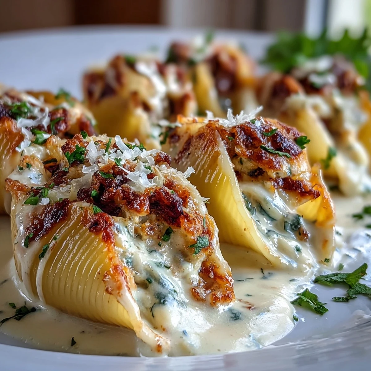 Close-up of creamy Pumpkin & Gouda Stuffed Shells with rich brown butter sauce and melted cheese topping.