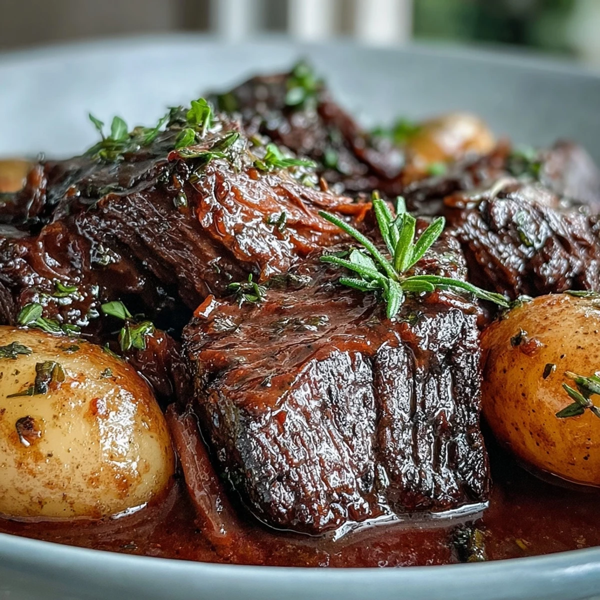 Tender shredded beef pot roast nestled with carrots and potatoes in rich, glossy gravy.  