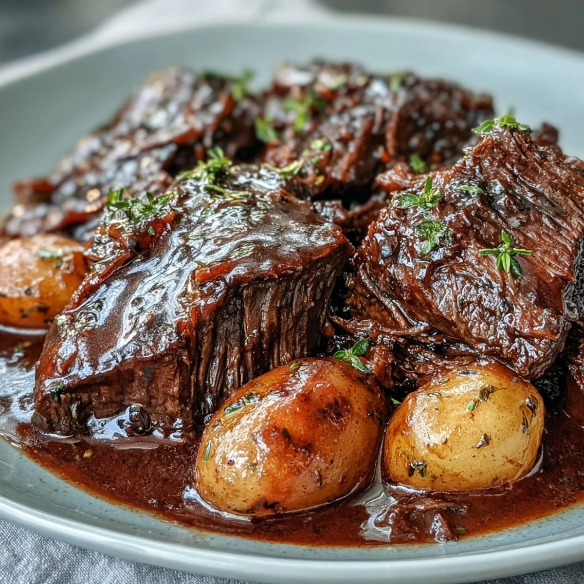 Classic American beef pot roast slow-braised with red wine, rosemary, and hearty vegetables.  