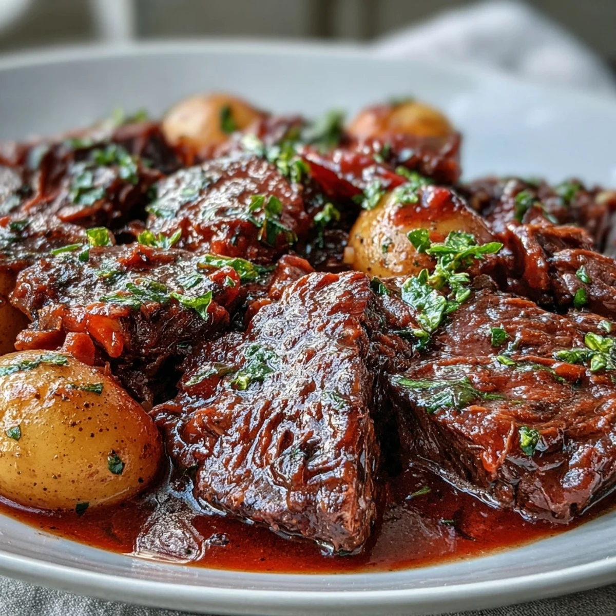 Savory beef pot roast served in a bowl with buttered noodles and fresh parsley garnish.