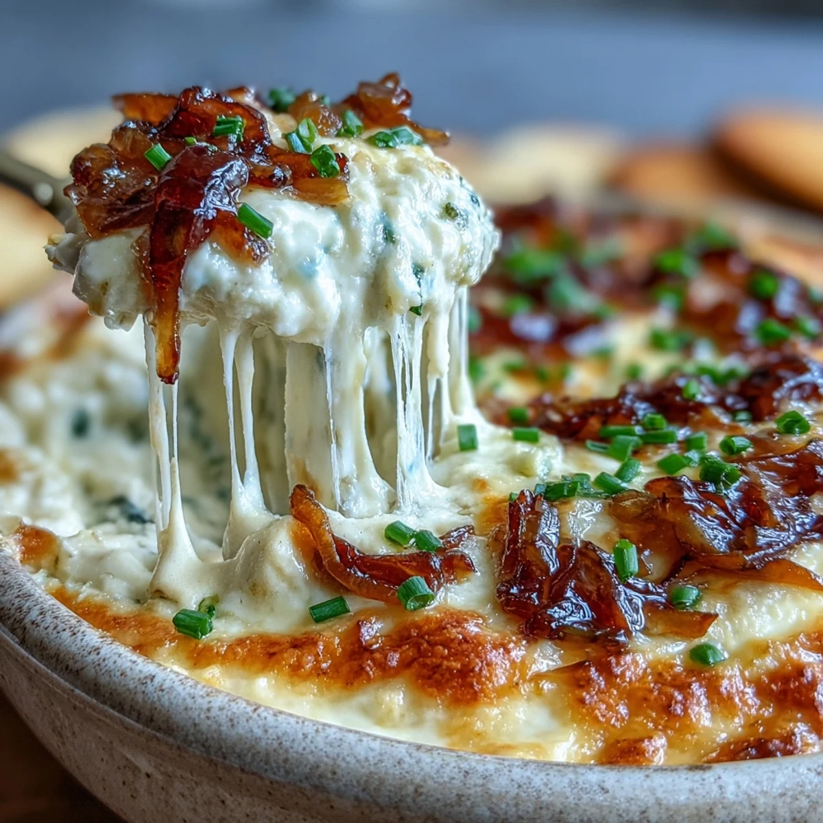 Freshly baked Smoked Gouda & Onion Dip in a dish, bubbling and golden brown with a garnish of fresh green chives.