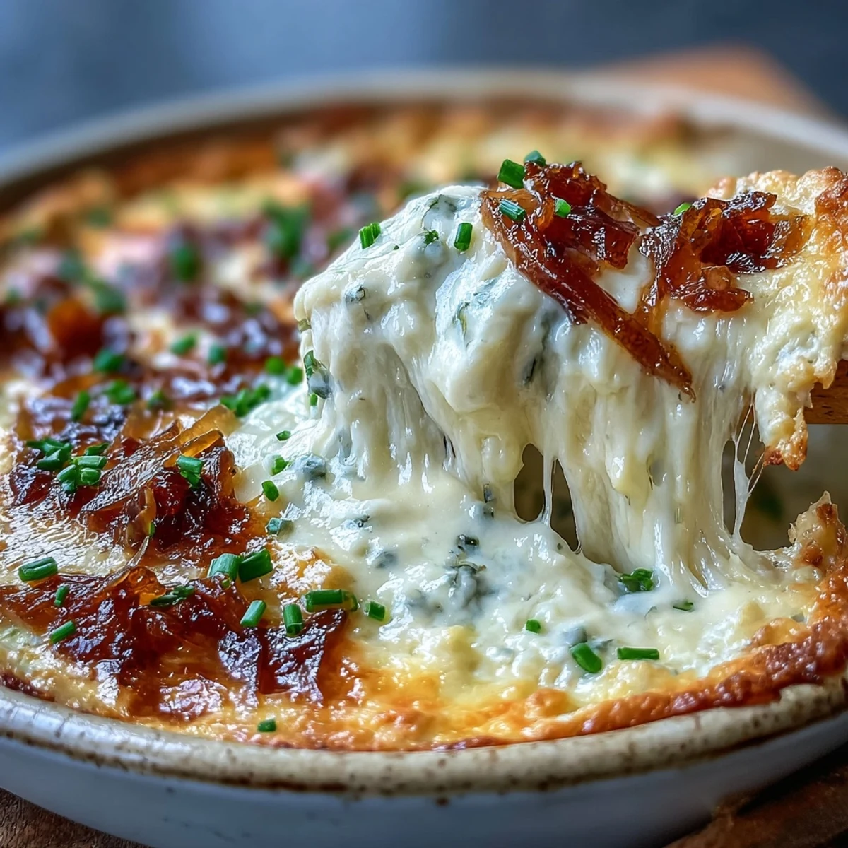 Smoked Gouda & Onion Dip served with tortilla chips and crisp celery sticks, perfect for a party appetizer spread.