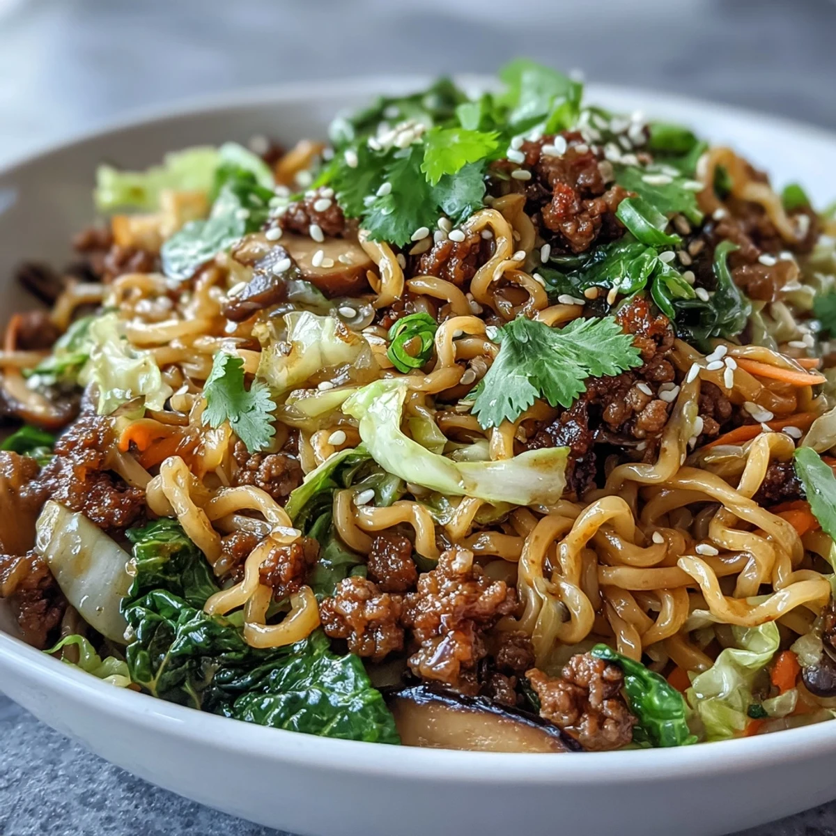 A close-up of Potsticker Noodle Bowls featuring glossy rice noodles, browned pork, and crisp cabbage, garnished with sesame seeds and herbs.