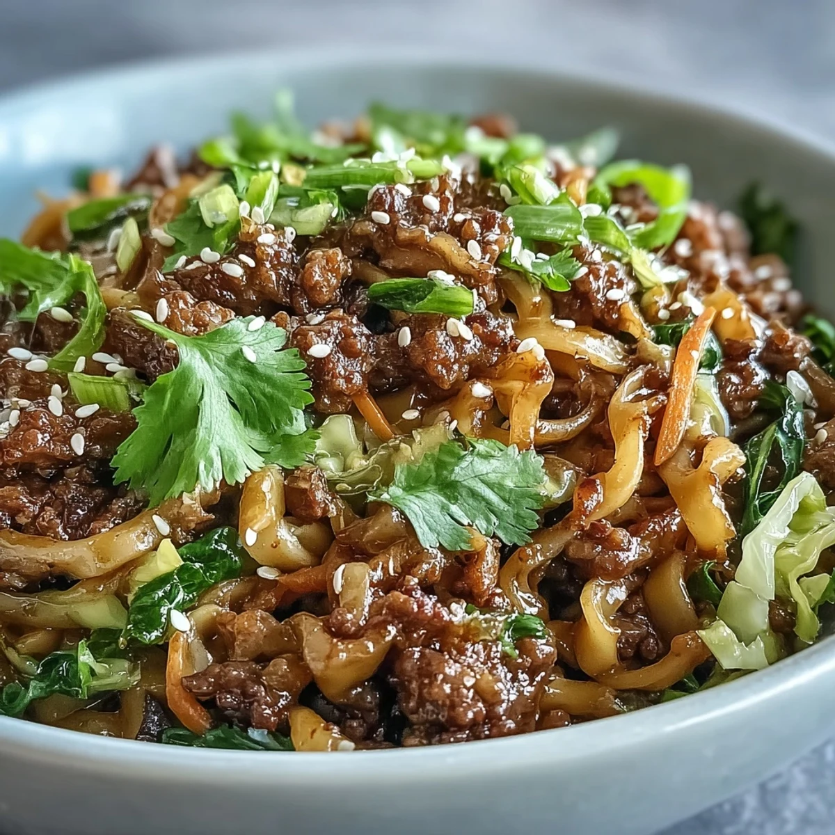 Savory Potsticker Noodle Bowls served in a ceramic dish, showcasing tender noodles, sautéed vegetables, and a rich soy-based sauce.