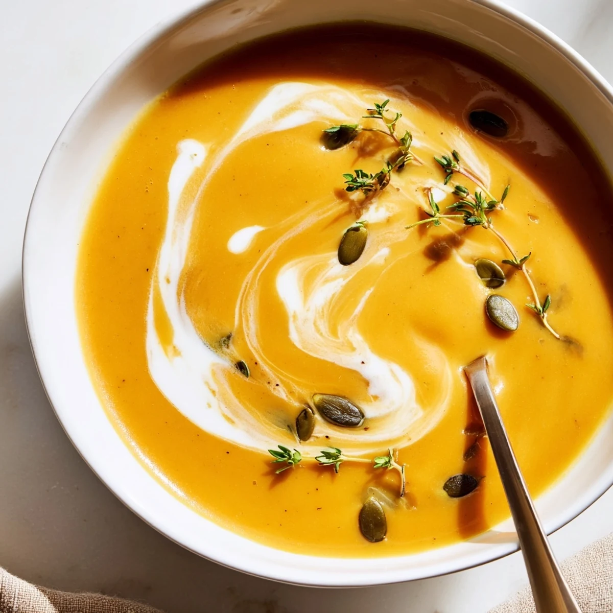 Velvety Roasted Butternut Squash Soup simmering in a rustic pot, topped with toasted pumpkin seeds and a swirl of cream.