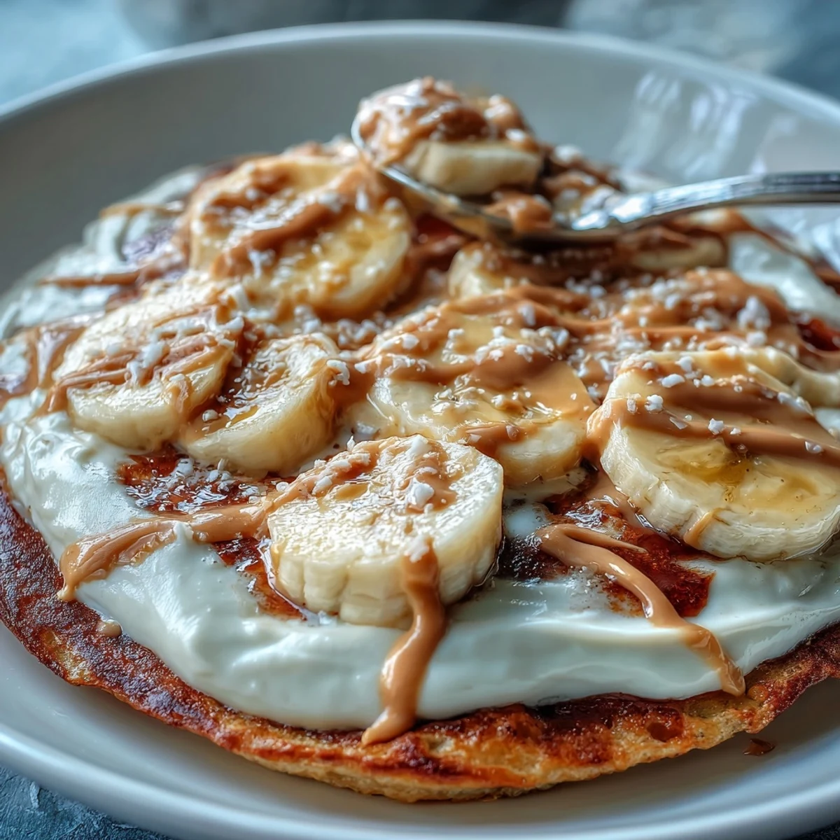 Golden-brown High-Protein Breakfast Pizza Bowl topped with creamy Greek yogurt frosting, peanut butter drizzle, and fresh banana slices.