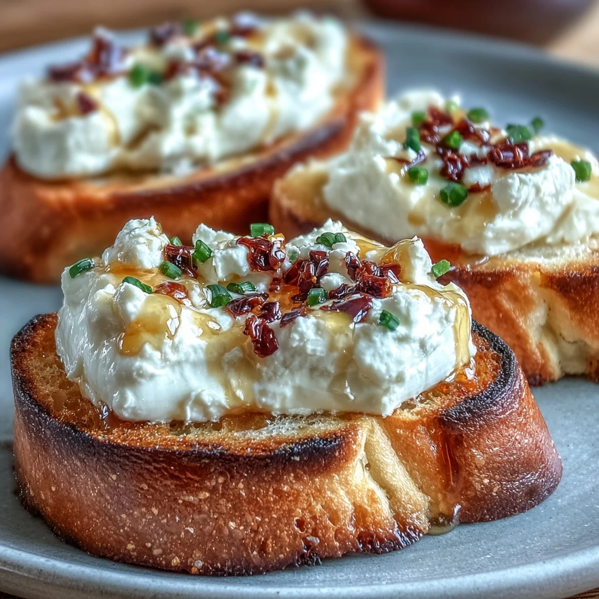 A close-up view of Hot Honey Goat Cheese Crostini showing crisp bread, soft cheese spread, and glossy red pepper-infused honey with flaky sea salt.