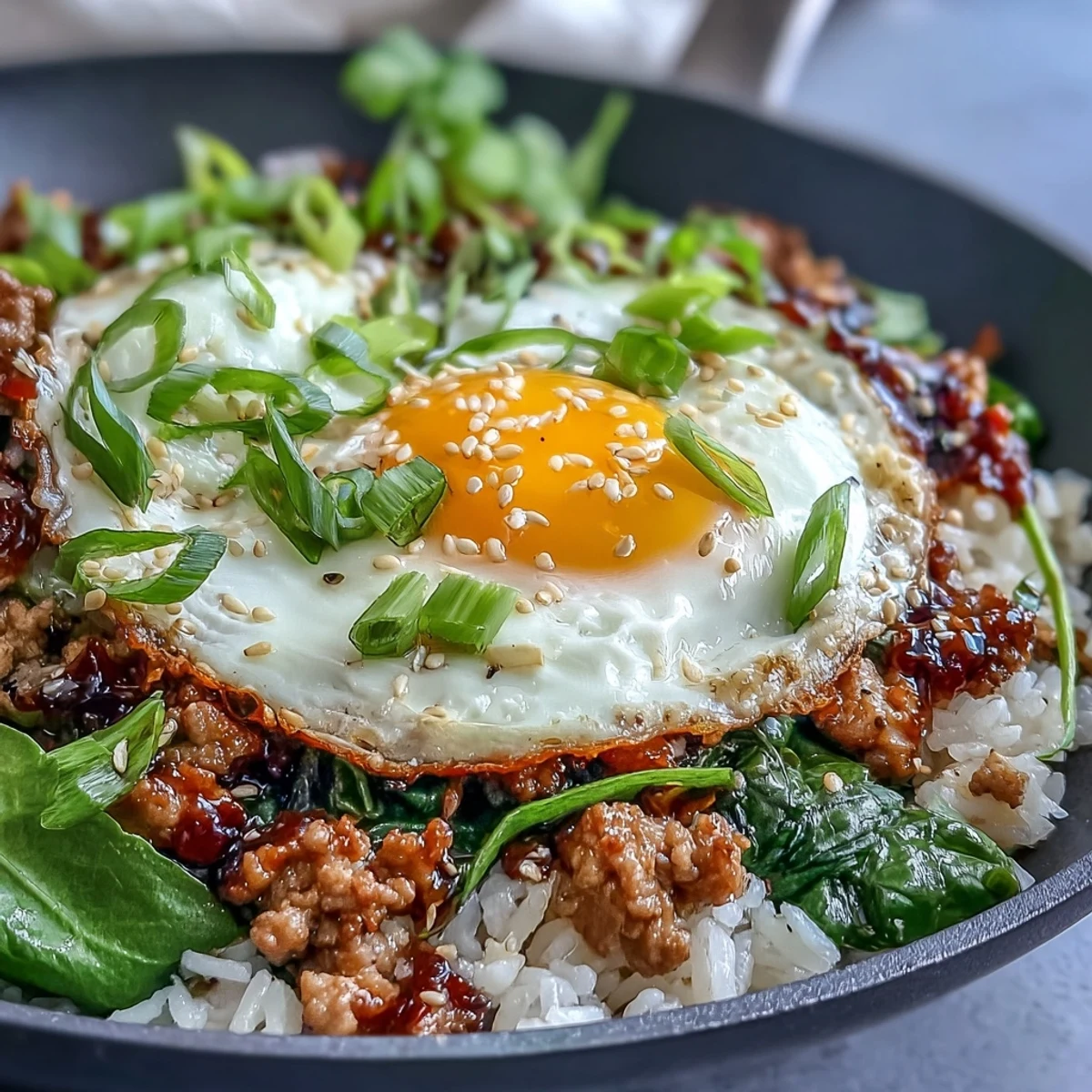 Creamy Korean Turkey Rice Skillet features ground turkey and fluffy rice in a spicy gochujang sauce, topped with a jammy soft-boiled egg for a perfect one-pan meal.