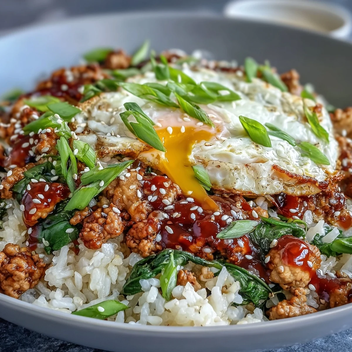Enjoy this easy one-pan Creamy Korean Turkey Rice Skillet, complete with a halved jammy egg, ready for a quick weeknight family dinner.