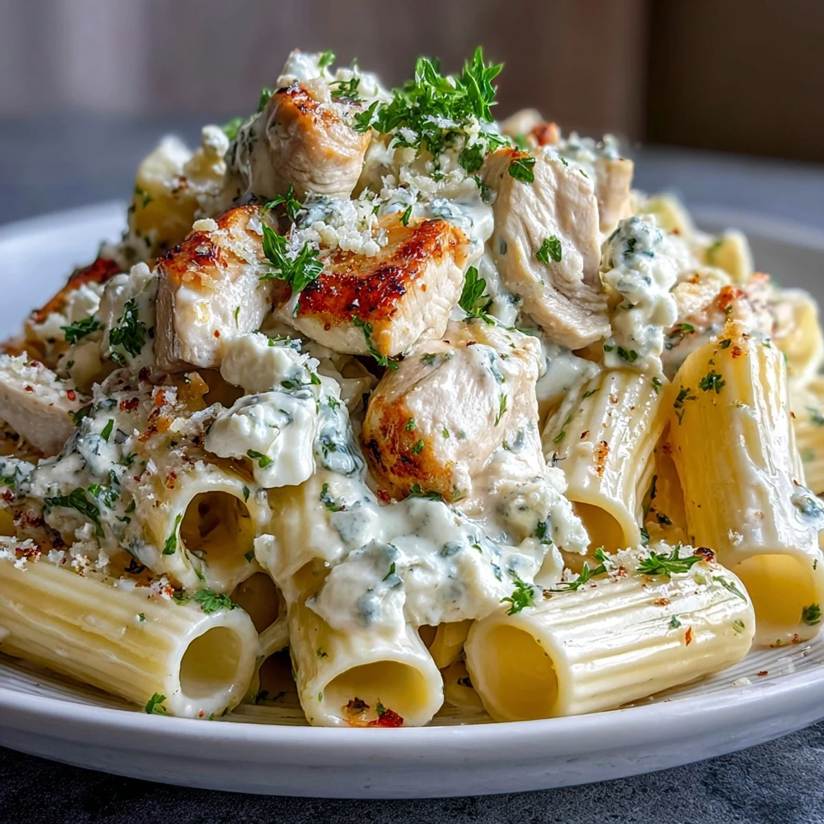 Close-up of Creamy Lemon Feta Chicken Pasta with tender chicken and crumbled feta on penne.