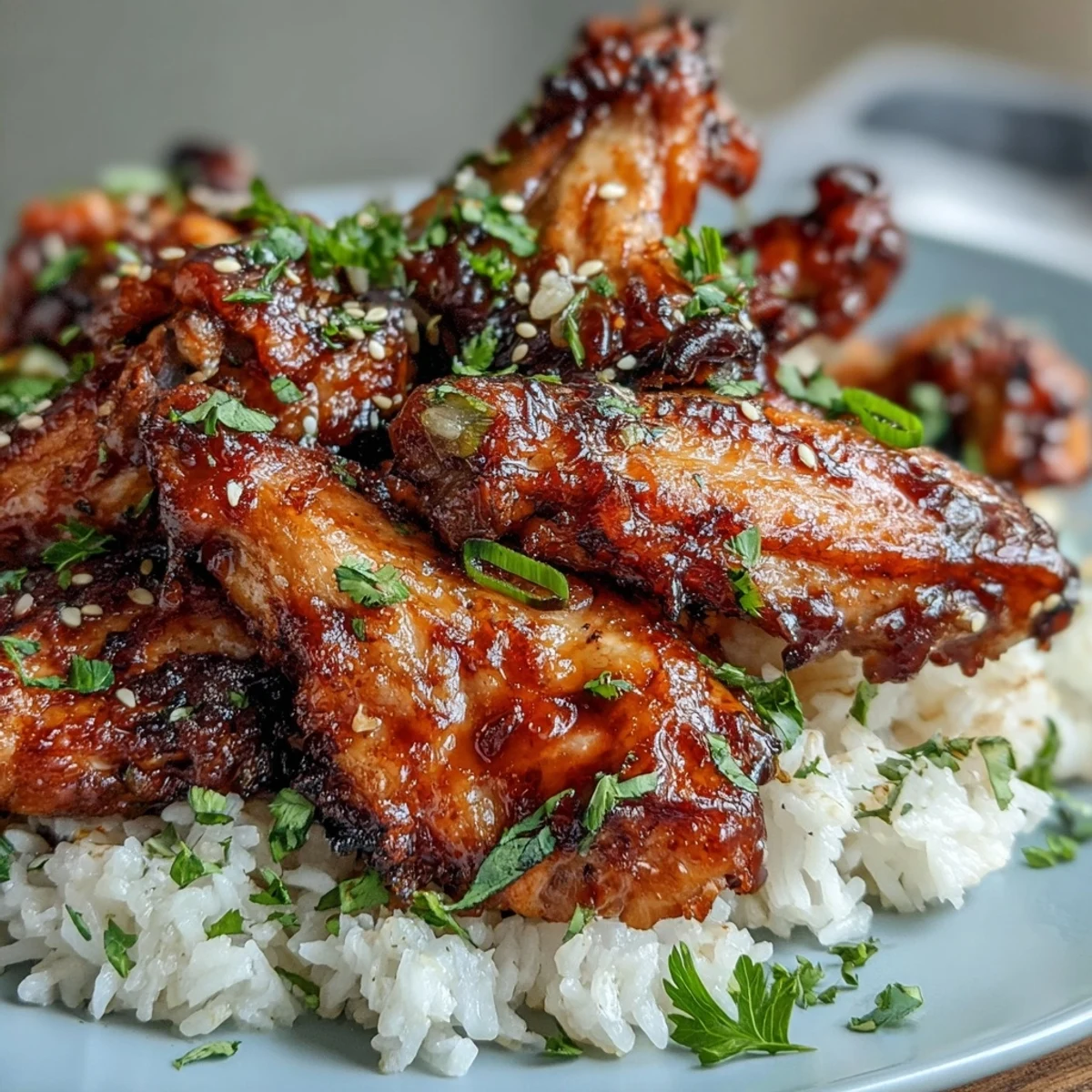 Golden-brown, crispy Oven-Baked Honey Garlic Chicken Wings piled high over a bed of fluffy buttery rice.