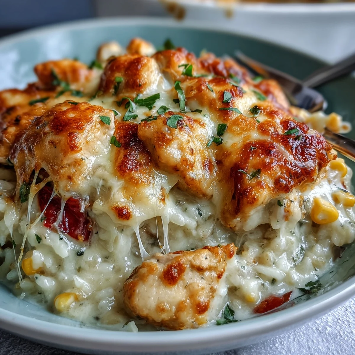 A freshly baked Creamy Garlic Chicken & Rice Casserole rests beside a green salad, steam rising from the golden, cheesy top.