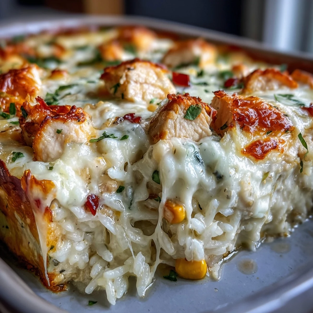 Close-up of a spoon scooping creamy Creamy Garlic Chicken & Rice Casserole, revealing tender chicken, rice, and melted Parmesan.