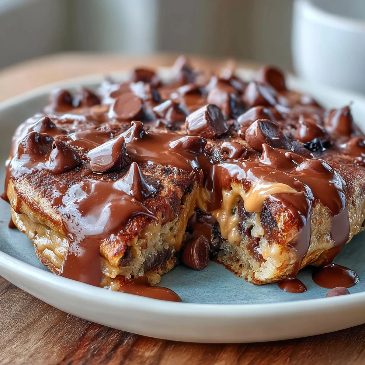 Freshly baked Peanut Butter Cup Protein Pancake Bowl with melted chocolate chips and a warm peanut butter drizzle.