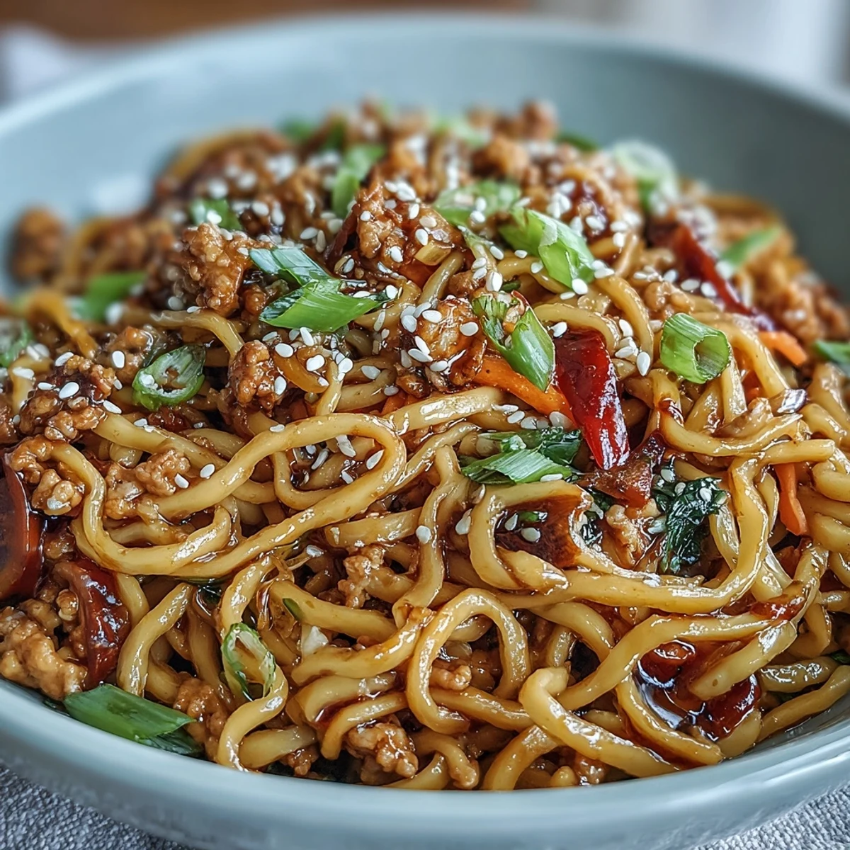 Quick weeknight Korean Turkey Fried Noodles served in a bowl, ready to enjoy with chopsticks.