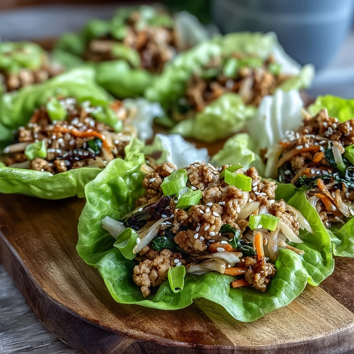 Ready-to-eat Turkey Potsticker Stir-Fry Lettuce Wraps garnished with sesame seeds on a rustic wooden table.